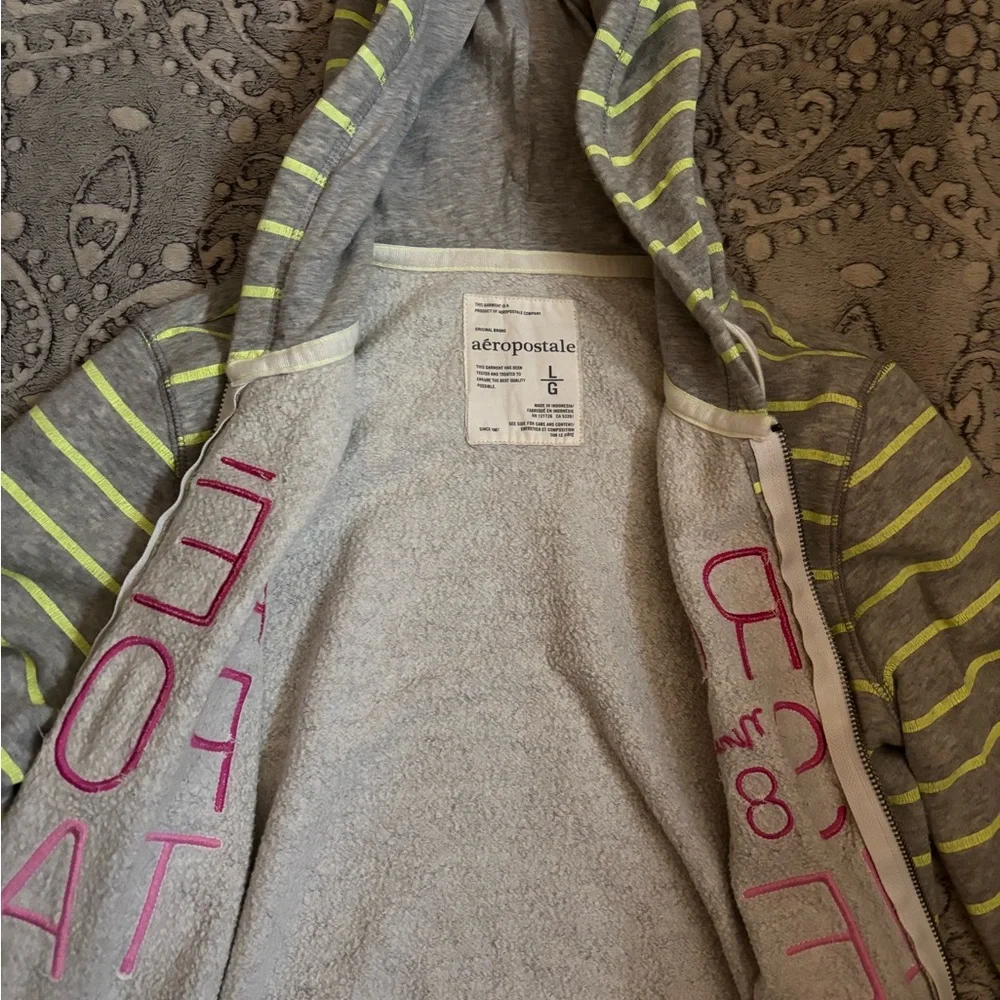 Aeropostale grey & lime green striped zip up jacket with pink accents Size L - Picture 4 of 4